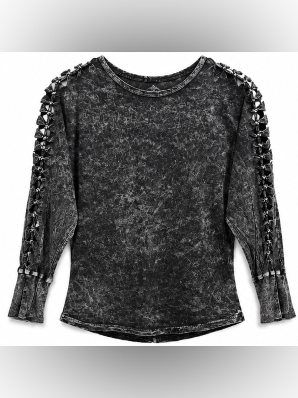 Witness Black Washed Long Sleeve Top with Lattice Sleeve Detail